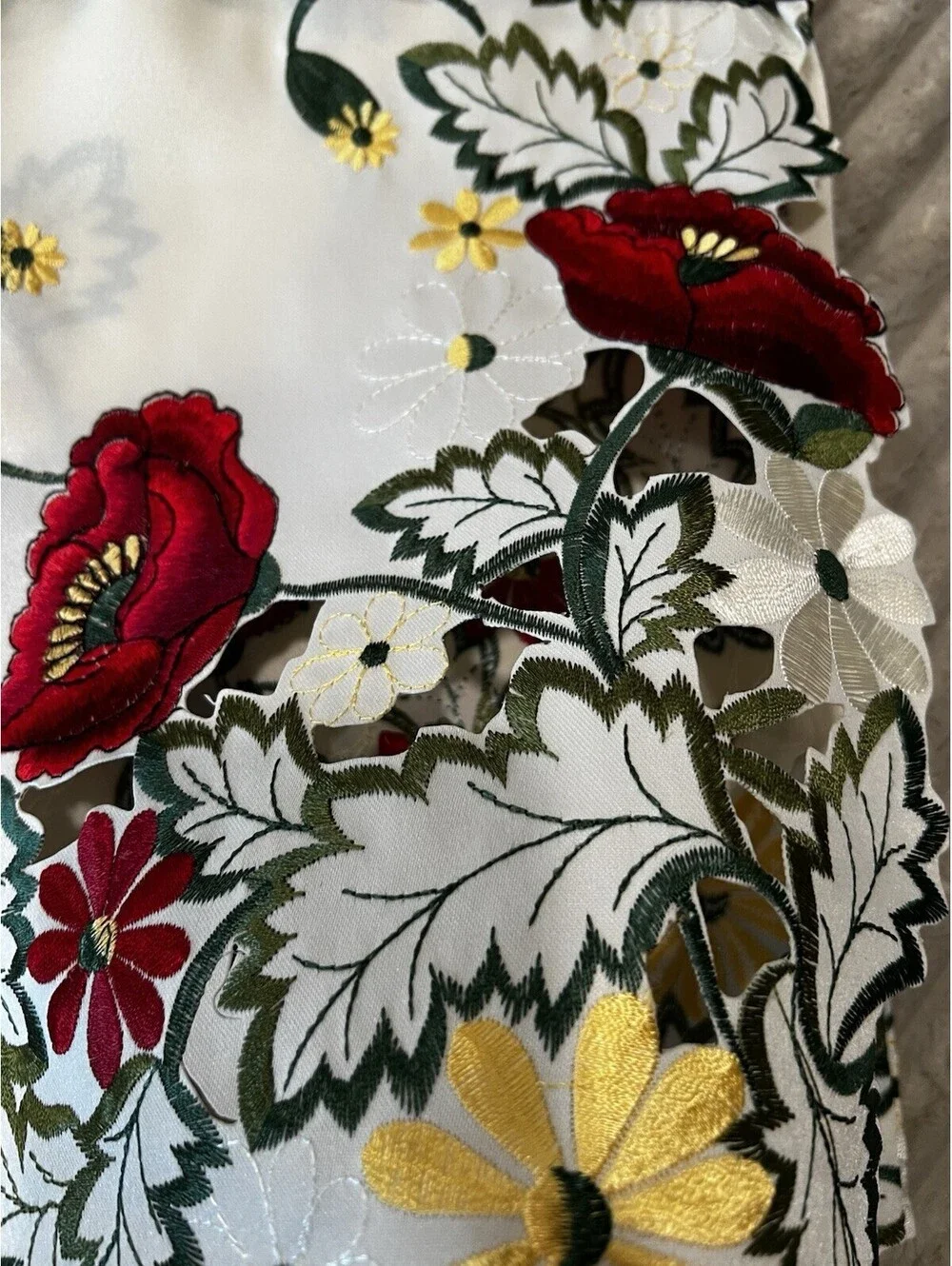 NEW Embroidered Cutout floral 35”square tablecloth Ivory red green Cottagecore